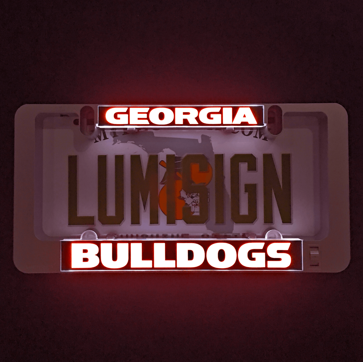 LumiSign insert glowing with Georgia and Bulldogs logos and large 'LUMISIGN' text.