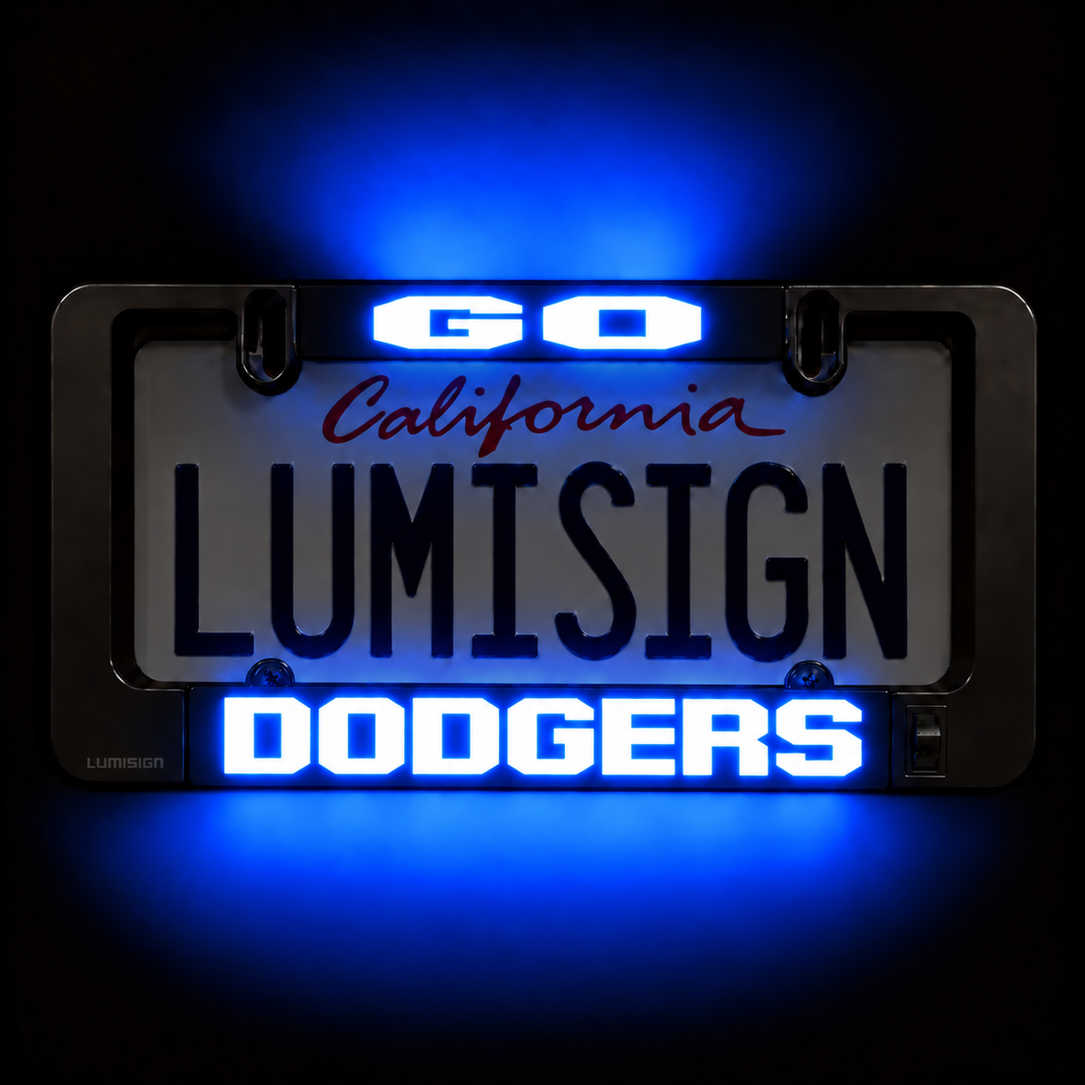 Glowing blue LED insert reading "California" and "LUMISIGN DODGERS" in frame