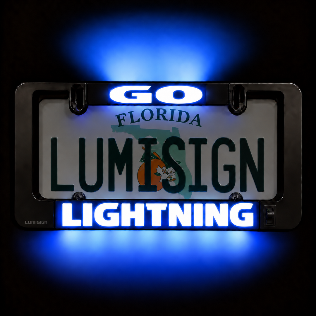 Backlit license plate frame with GO Florida LUMISIGN Lightning, blue LED glow