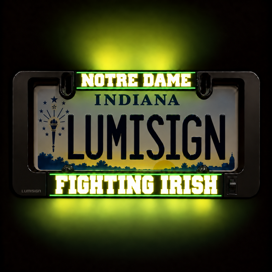 Glowing LumiSign license plate frame insert with Notre Dame Fighting Irish design