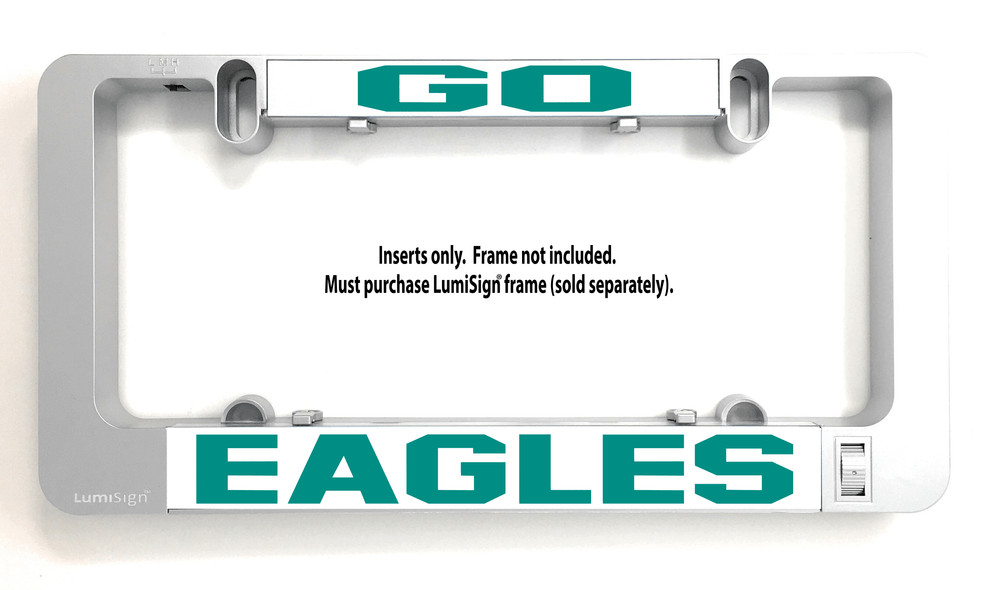 EAGLES sign insert with teal lettering, white outlines, and clip mounts on clear backing