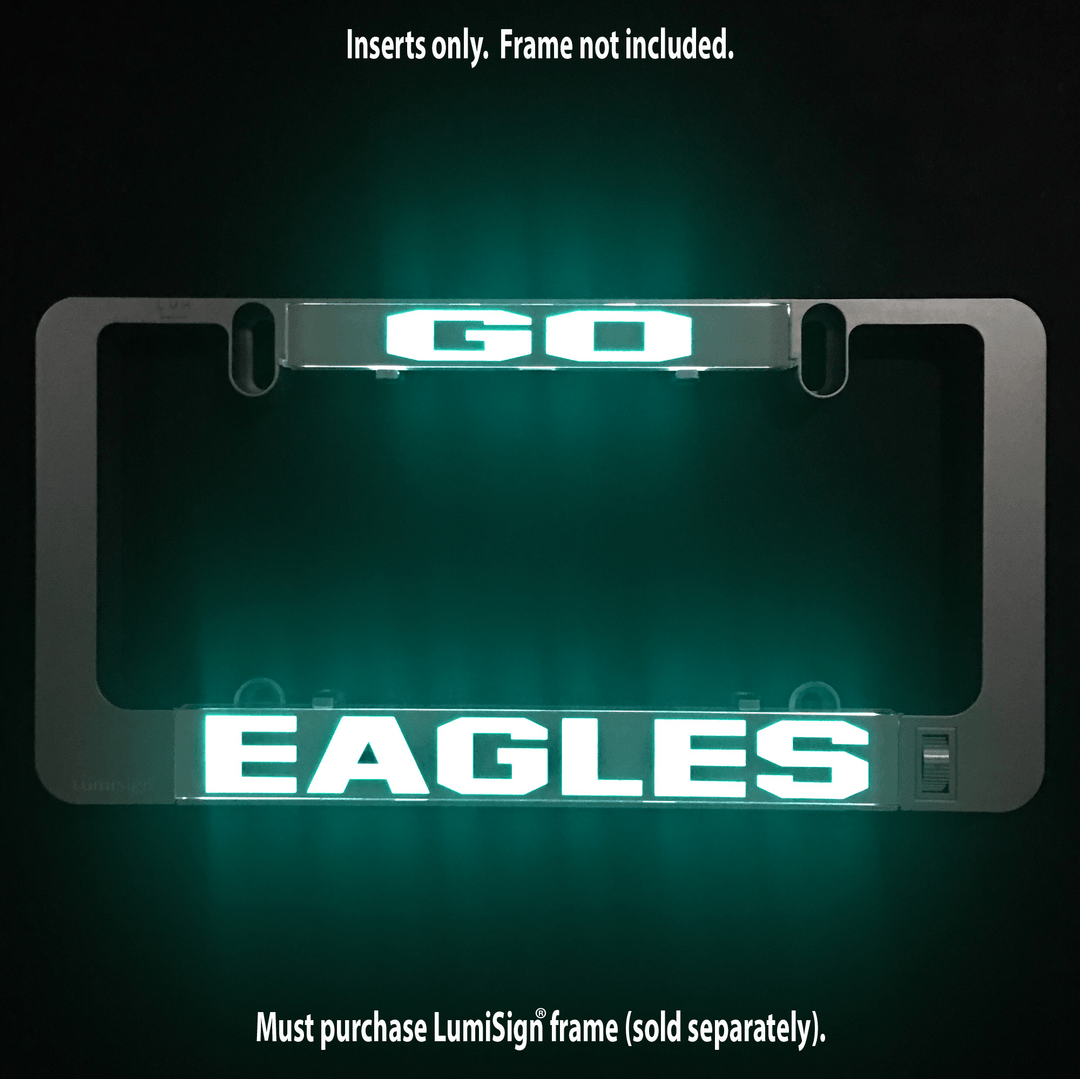 EAGLES LED sign insert with glowing teal letters and white outline in clear frame