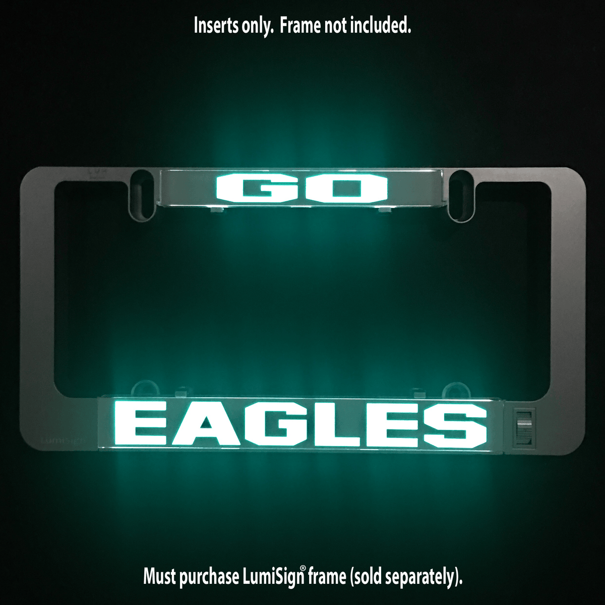 EAGLES LED sign insert with glowing teal letters and white outline in clear frame