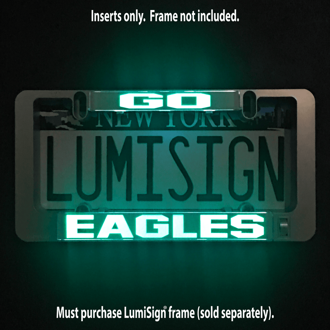Glowing EAGLES LED sign insert with teal letters and white outline in clear panel