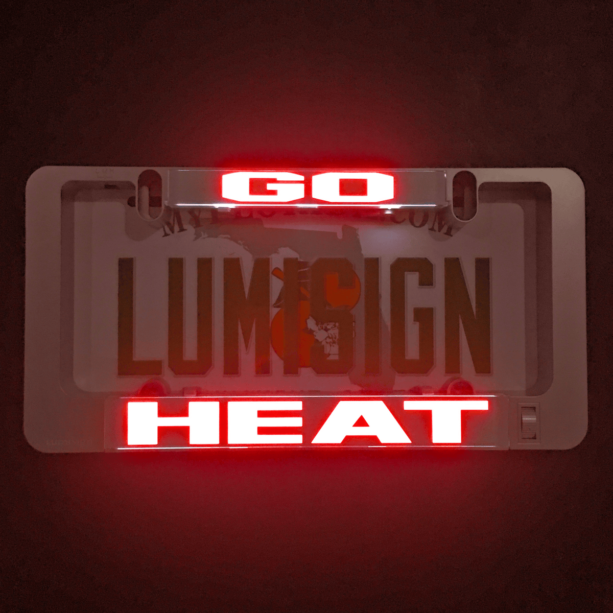 LumiSign GO HEAT insert lighting up with red glowing letters