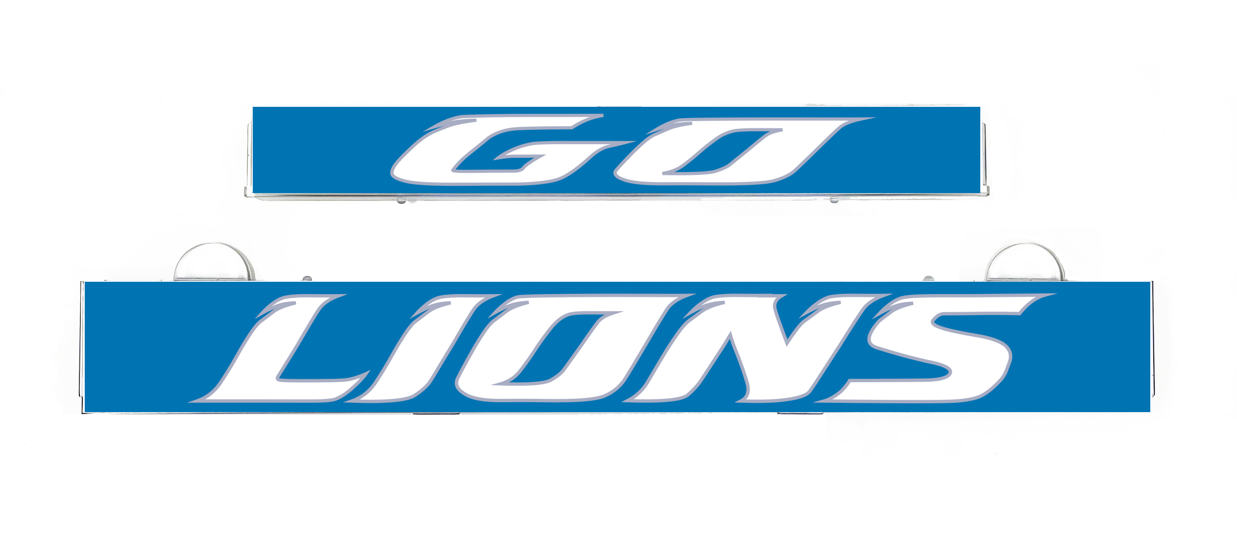 GO LIONS LumiSign insert: blue panel with white LIONS logo text