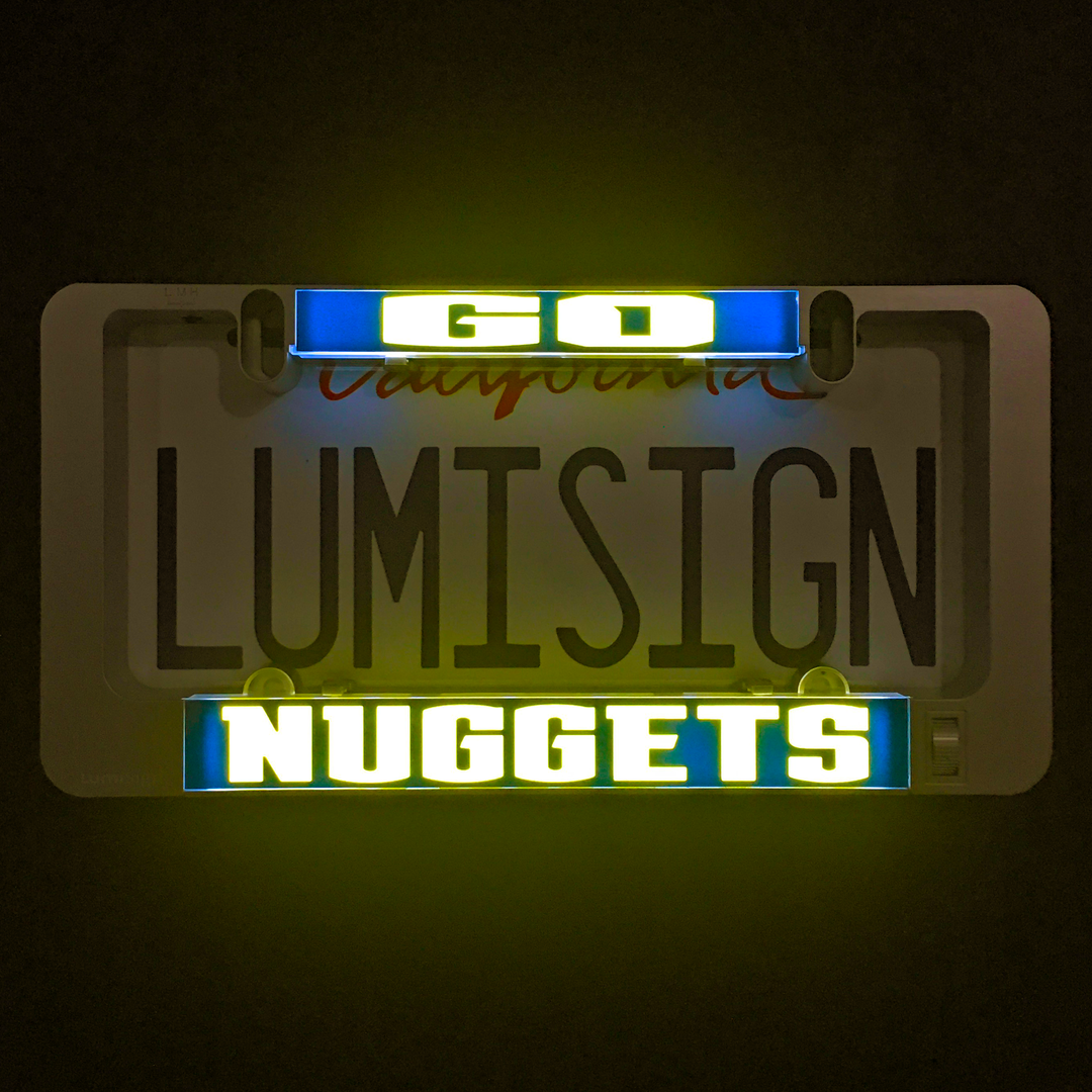 Glowing LumiSign NUGGETS insert with yellow letters on blue strip