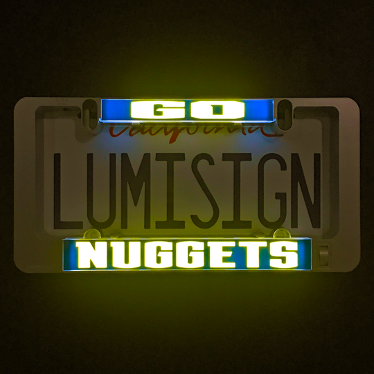 Glowing LumiSign NUGGETS insert with yellow letters on blue strip