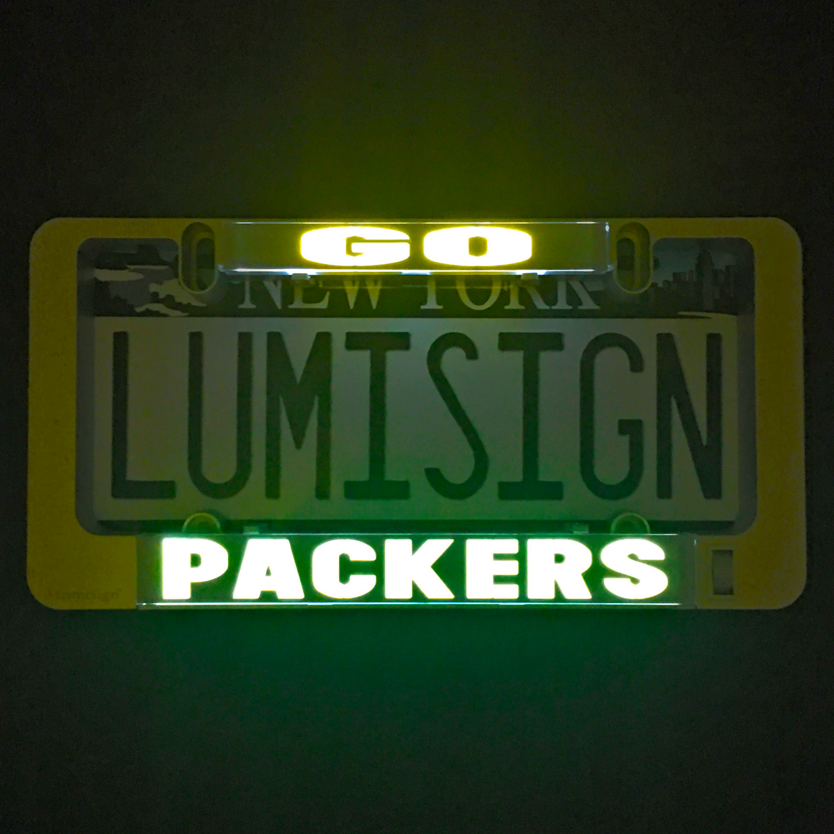 Illuminated LumiSign PACKERS logo insert with bright green letters
