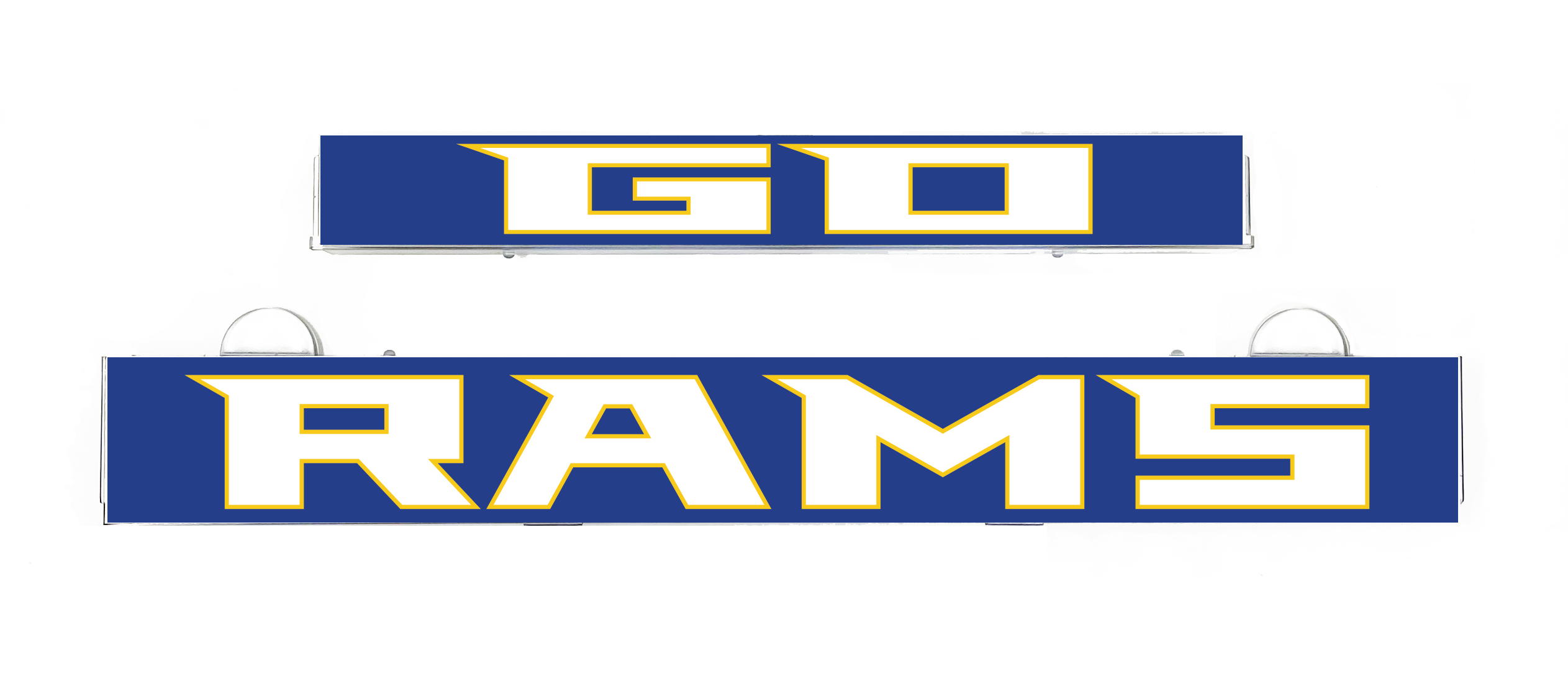 GO RAMS light sign insert panel with blue and gold lettering