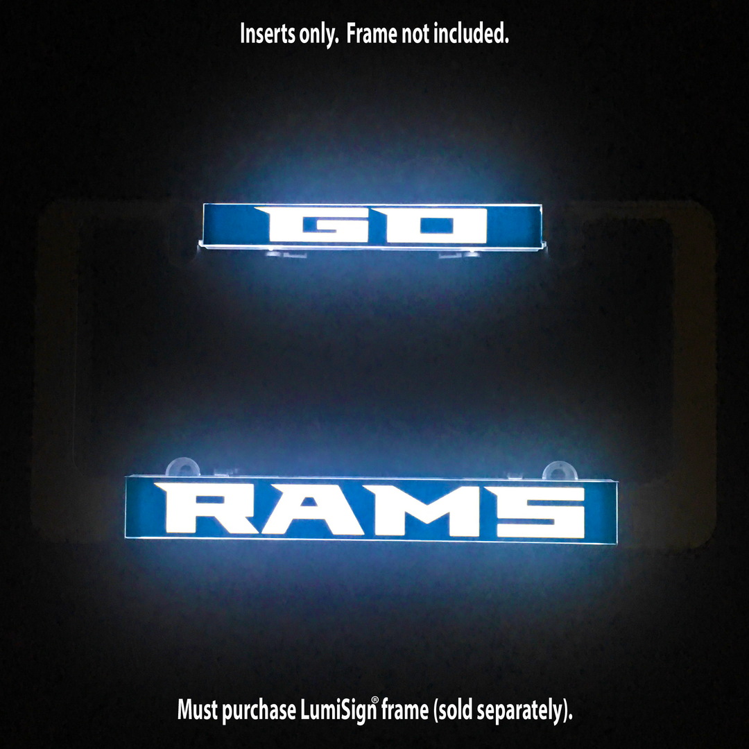 Illuminated GO RAMS light sign insert pieces with blue and white text