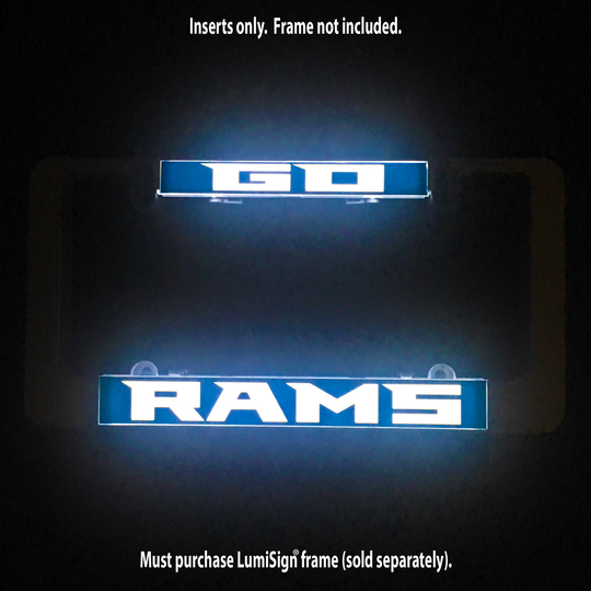 Illuminated GO RAMS light sign insert pieces with blue and white text