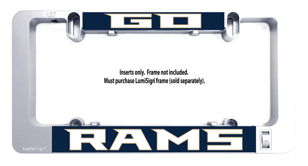 GO RAMS light sign insert piece with gray backing and blue RAMS logo