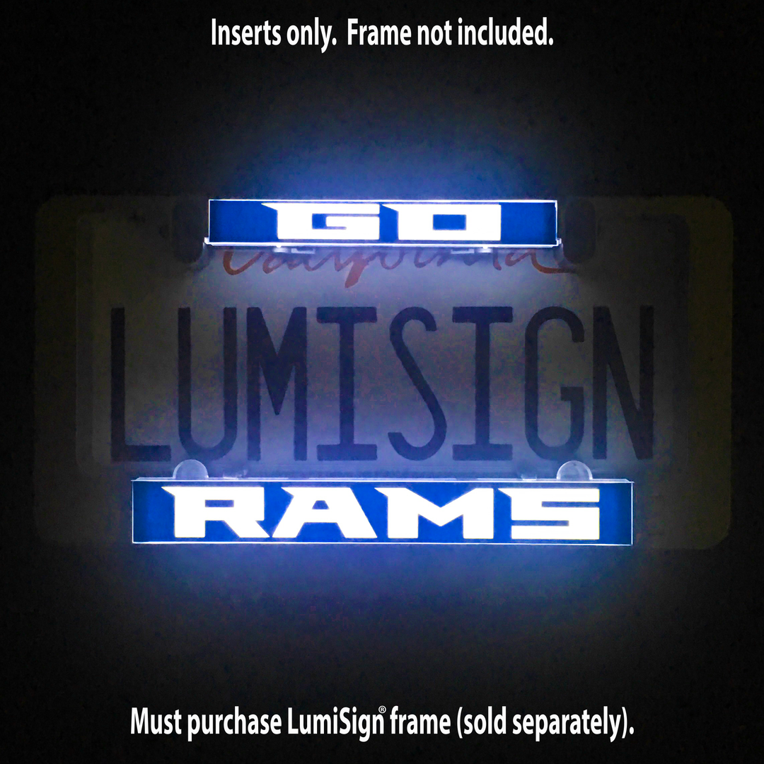 Illuminated GO RAMS light sign inserts with blue RAMS and GO text