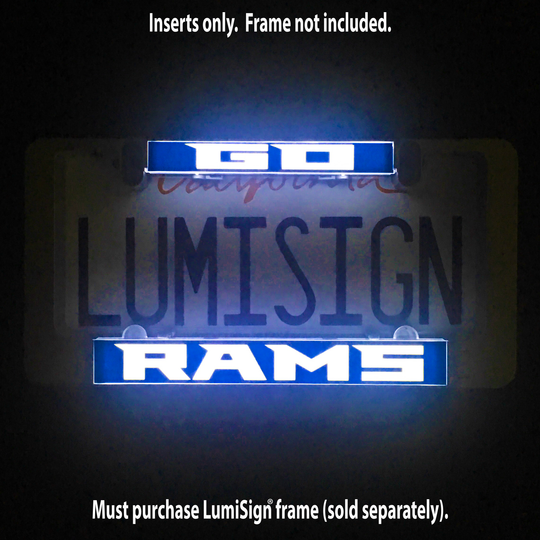 Illuminated GO RAMS light sign inserts with blue RAMS and GO text