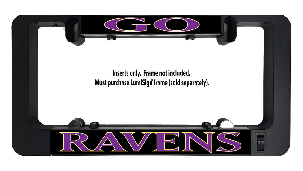 Ravens GO illuminated sign insert panel with black mounts and RAVENS logo
