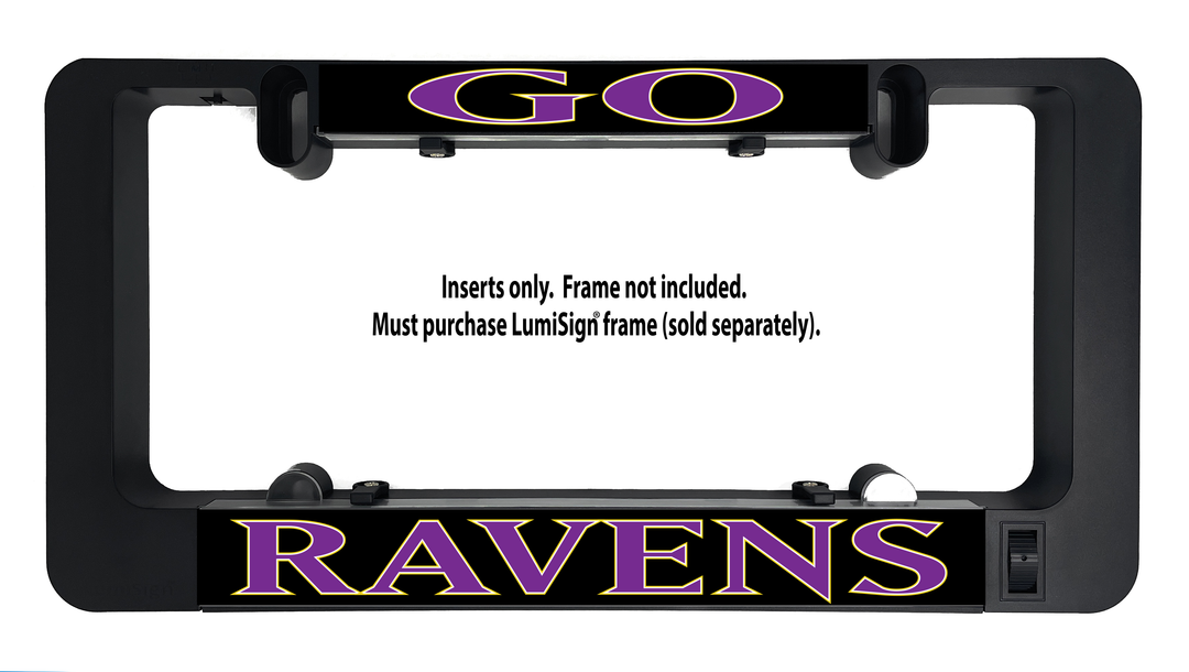 Ravens GO illuminated sign insert panel with black mounts and RAVENS logo