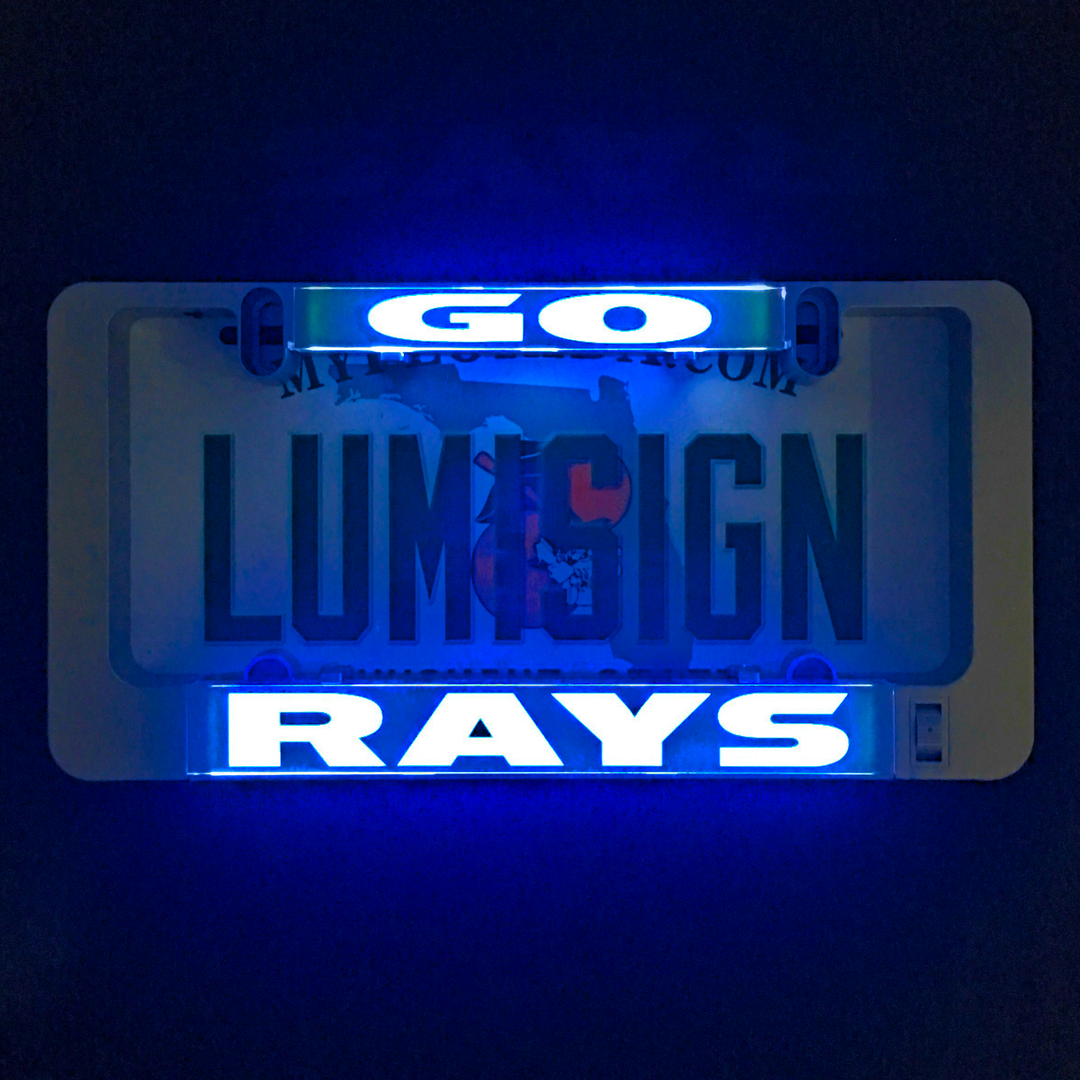 Blue illuminated GO and RAYS LumiSign insert panel