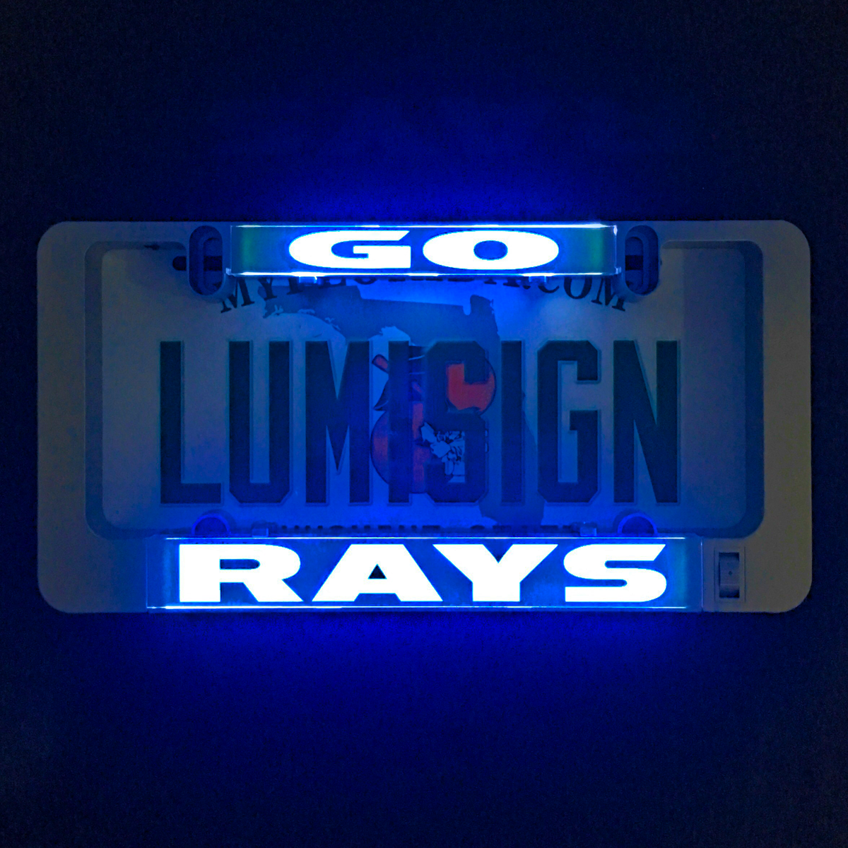 Blue illuminated GO and RAYS LumiSign insert panel