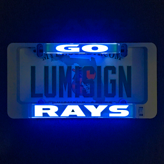 Blue illuminated GO and RAYS LumiSign insert panel