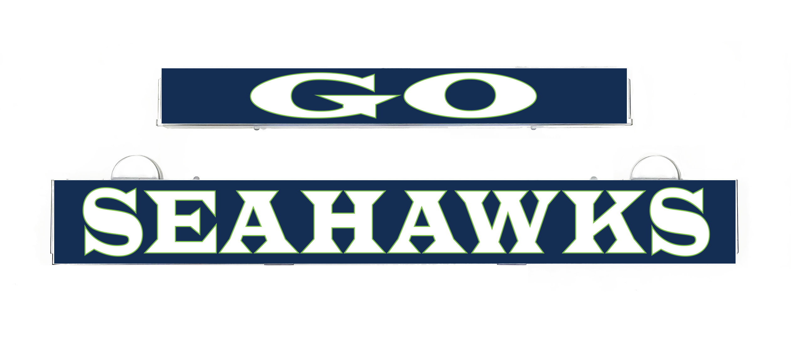 GO SEAHAWKS LumiSign inserts, green and white SEAHAWKS letters on dark blue strips