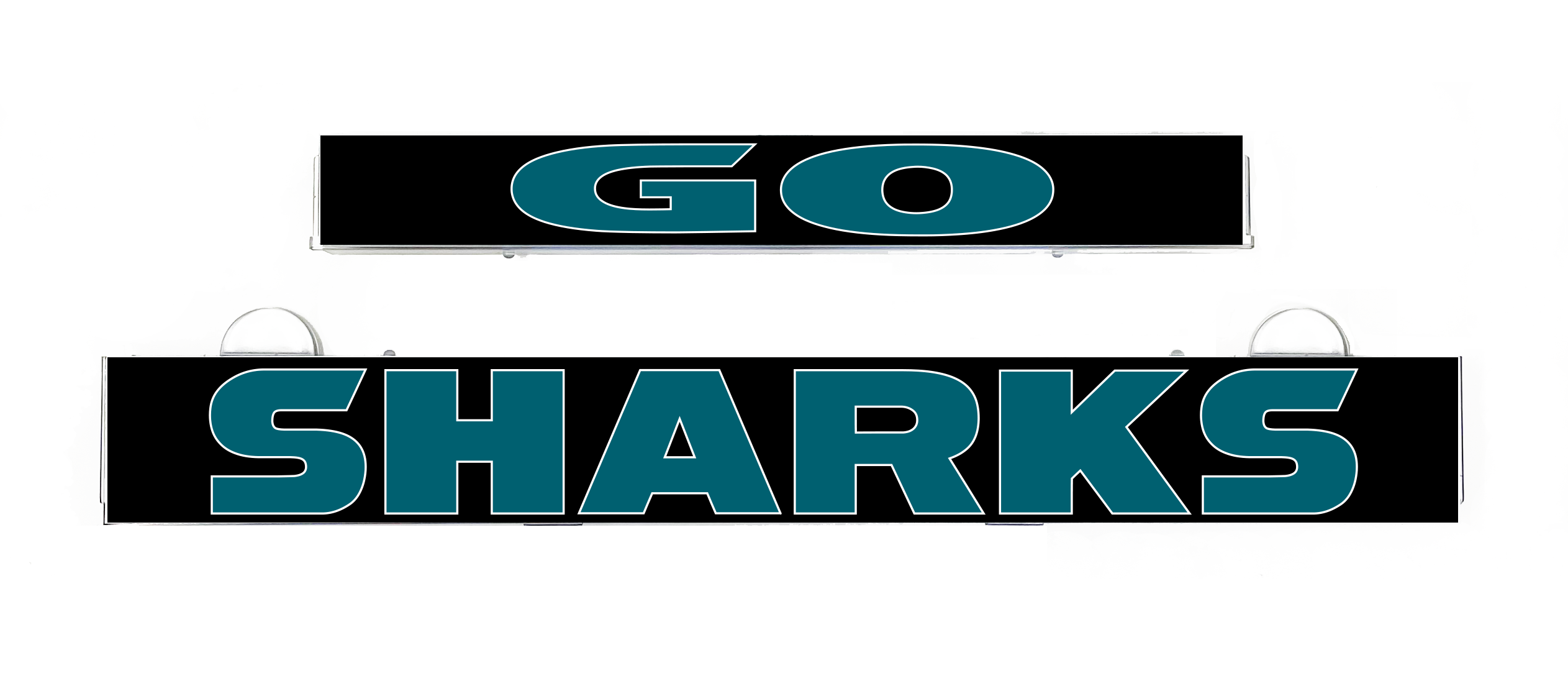 GO SHARKS LumiSign insert letters on black strips, teal GO and SHARKS