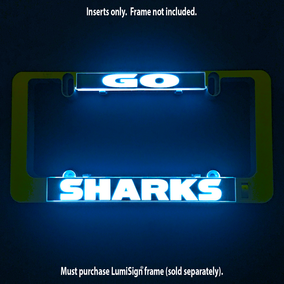 Illuminated GO SHARKS LumiSign inserts with teal GO and SHARKS lettering