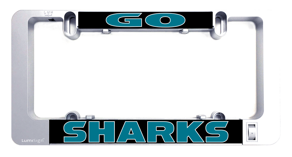 Gray LumiSign illuminated license plate frame, front view with SHARKS sign
