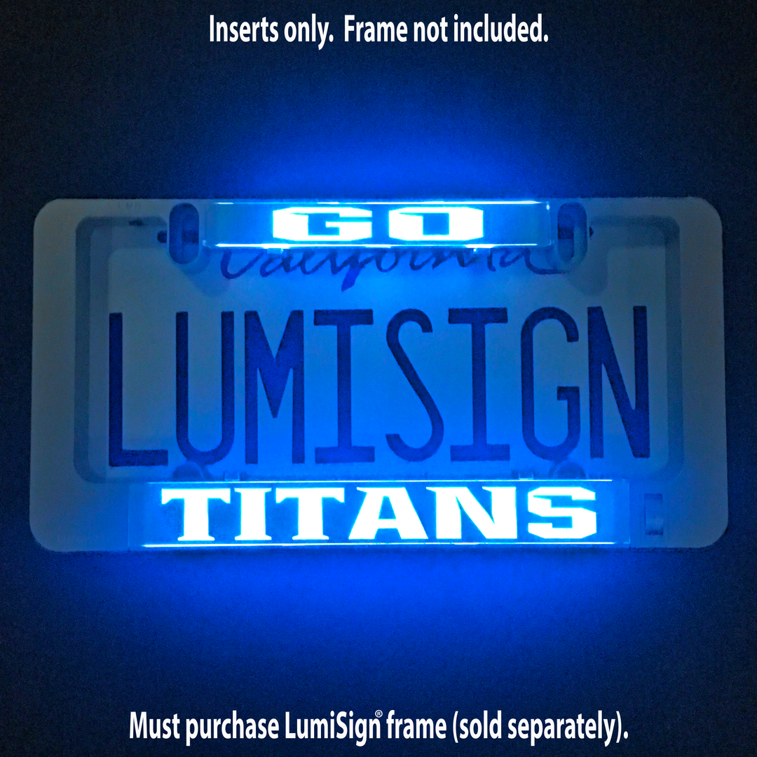 Illuminated LumiSign TITANS insert showing bright blue text on translucent backing