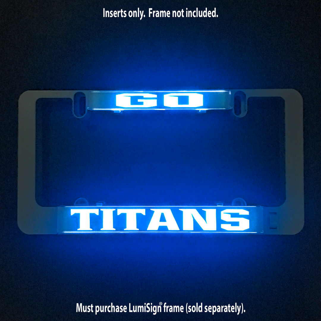 LumiSign GO TITANS illuminated insert showing blue TITANS text on translucent panel