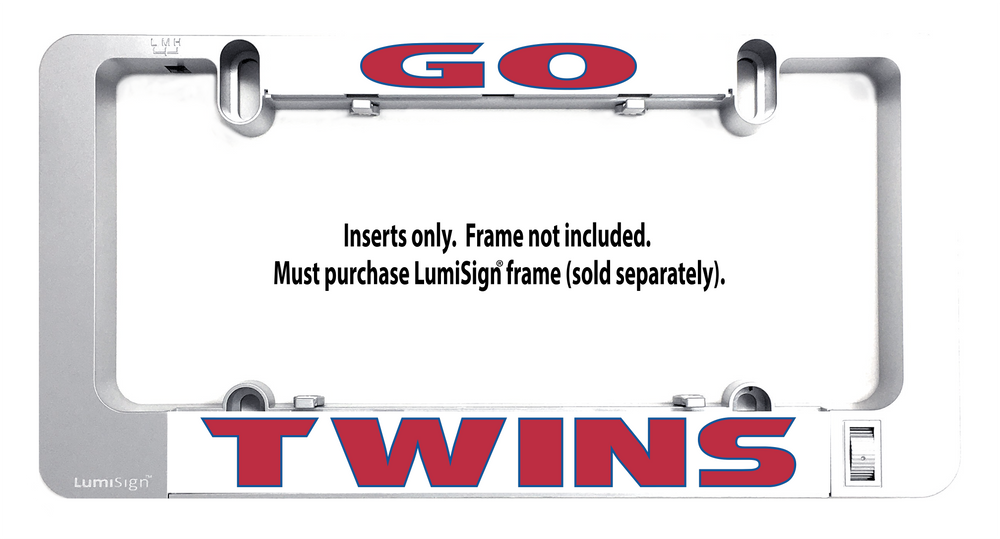 GO TWINS sign insert with metal mounting clips and clear frame outline; inserts only