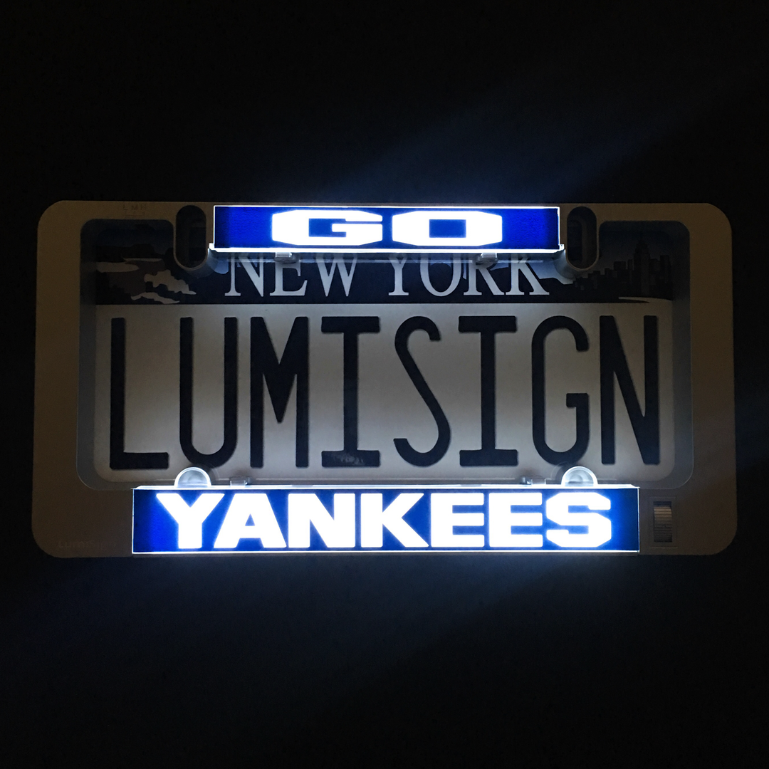 Backlit Yankees LumiSign insert with blue "YANKEES" letters over "NEW YORK" text