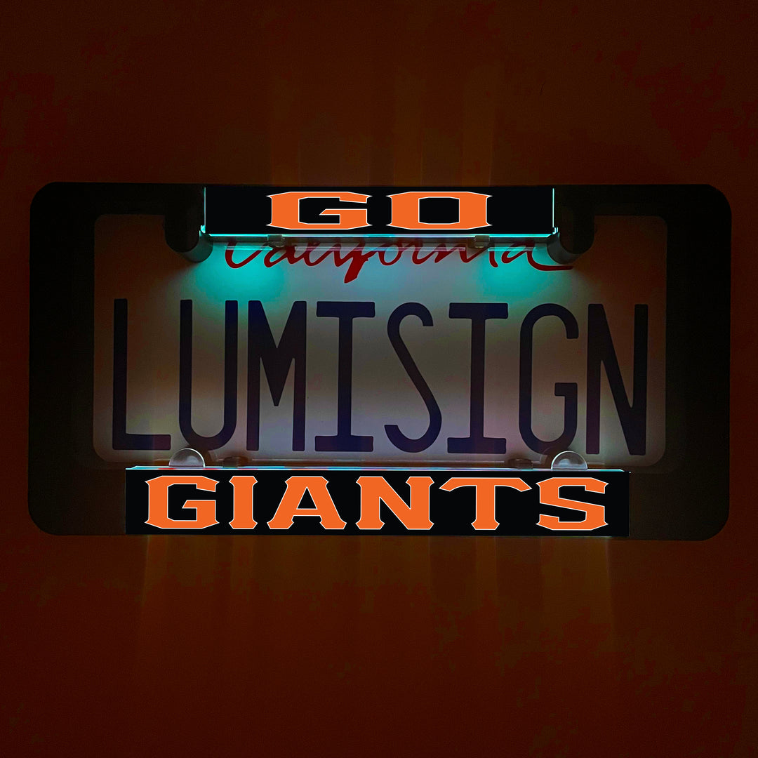 GO GIANTS LumiSign insert, dark frame with glowing LUMISIGN and GIANTS text