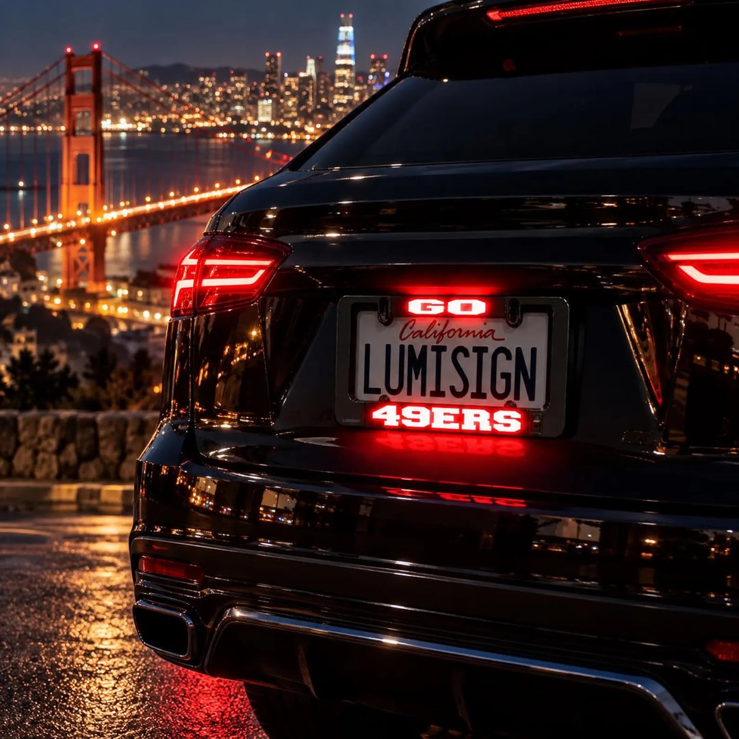 Rear car license plate frame with 49ers LUMISIGN sign