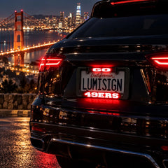 Rear car license plate frame with 49ers LUMISIGN sign