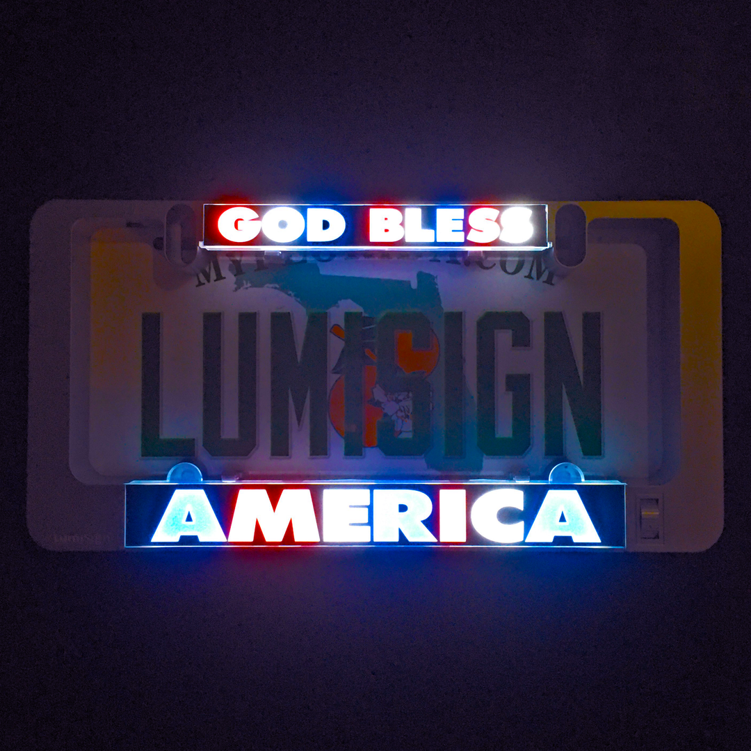 Glowing LumiSign insert with “God Bless” and “America” text