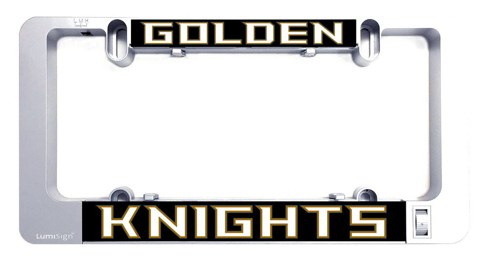Grey LumiSign license-plate frame with Golden Knights insert