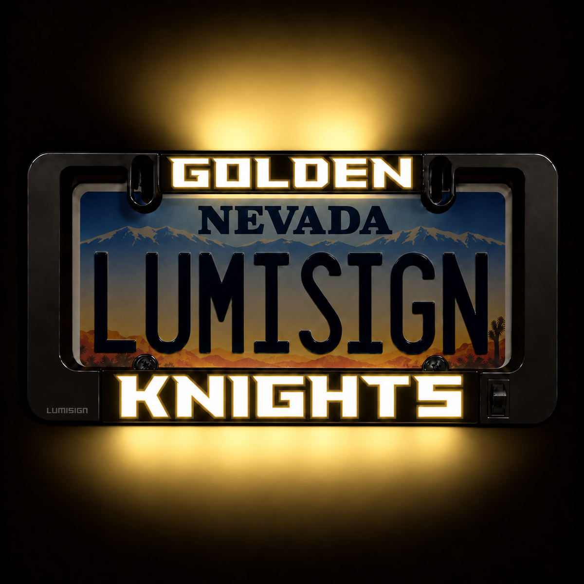 Golden Knights Lumisign LED license plate frame, black with gold “GOLDEN NEVADA” and “LUMISIGN”