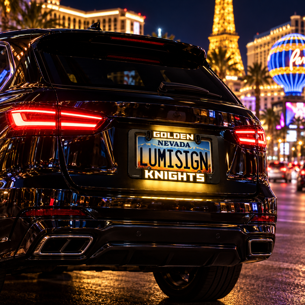 Golden Knights Lumisign LED license plate frame on car rear, black with gold logo