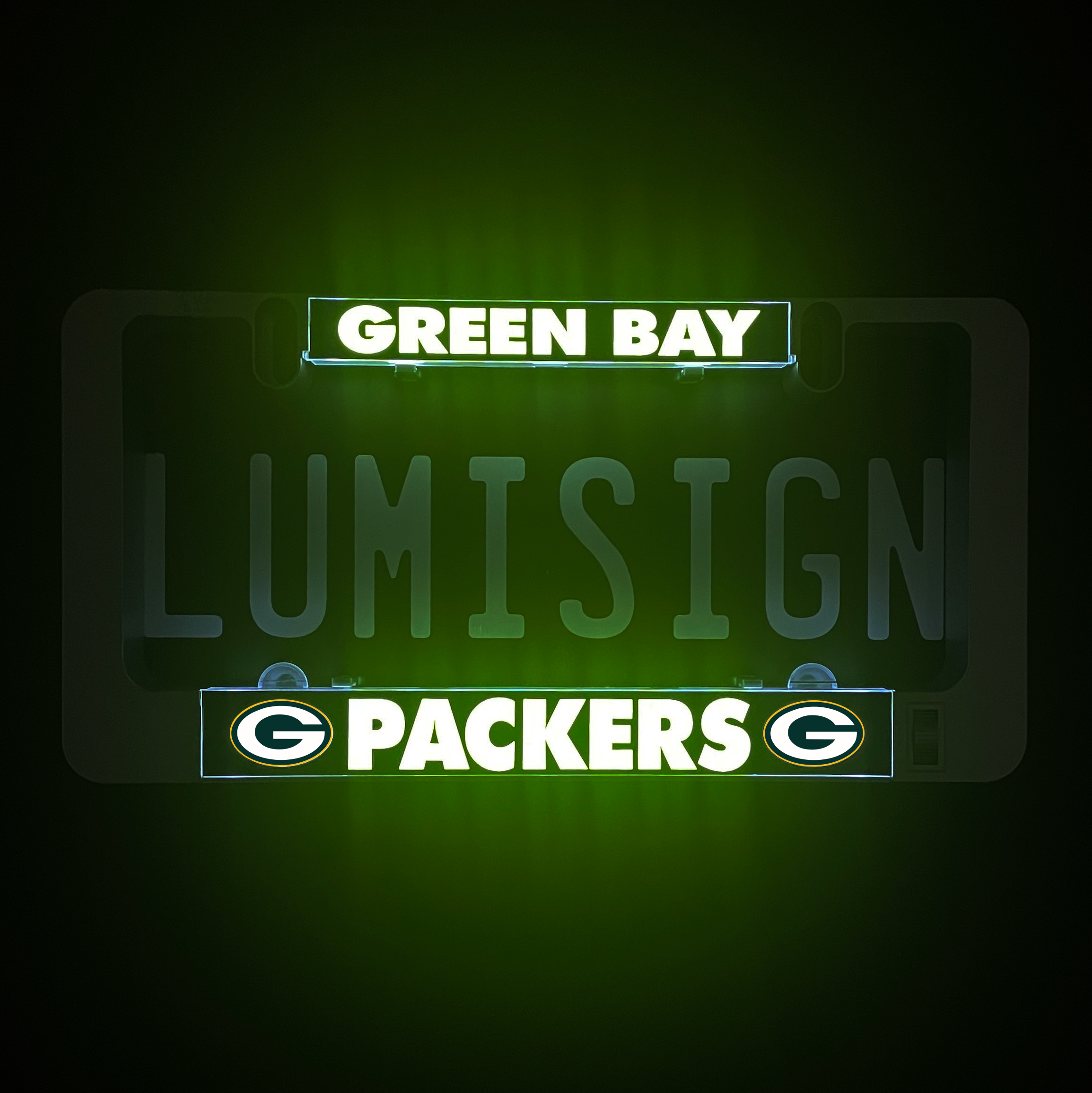 LUMISIGN illuminated insert with Green Bay Packers logo and “LUMISIGN” text