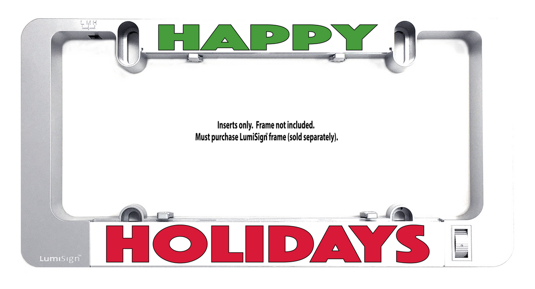 HAPPY HOLIDAYS insert mounted in a frame, green HAPPY and red HOLIDAYS
