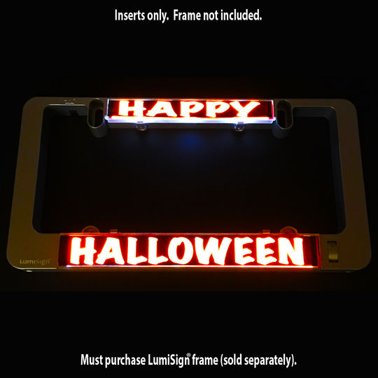 Glowing Happy Halloween and HALLOWEEN light inserts on dark holder; inserts only text