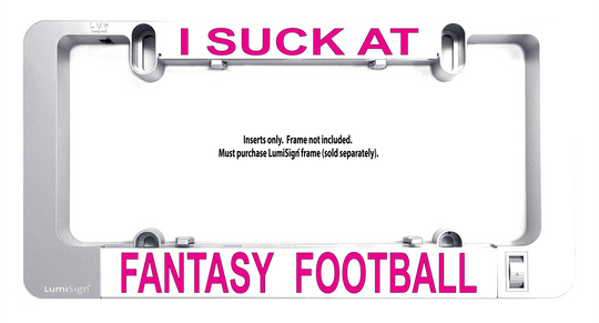 LumiSign fantasy football light insert in a gray holder, showing hot pink text bar.