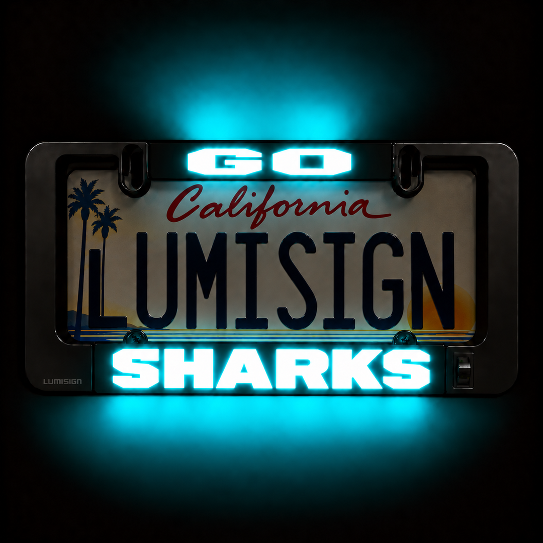 Illuminated LUMISIGN license plate frame reading California SHARKS