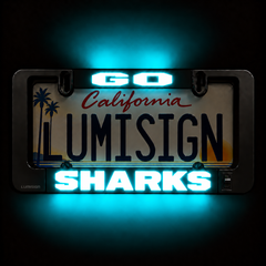 Illuminated LUMISIGN license plate frame reading California SHARKS