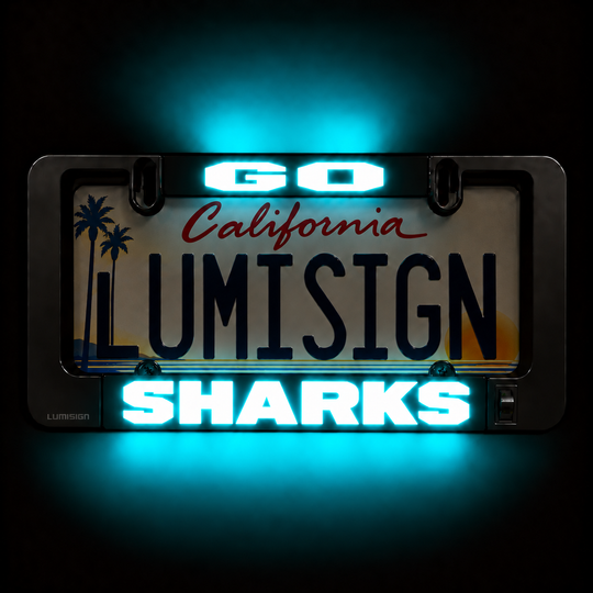 Illuminated LUMISIGN license plate frame reading California SHARKS