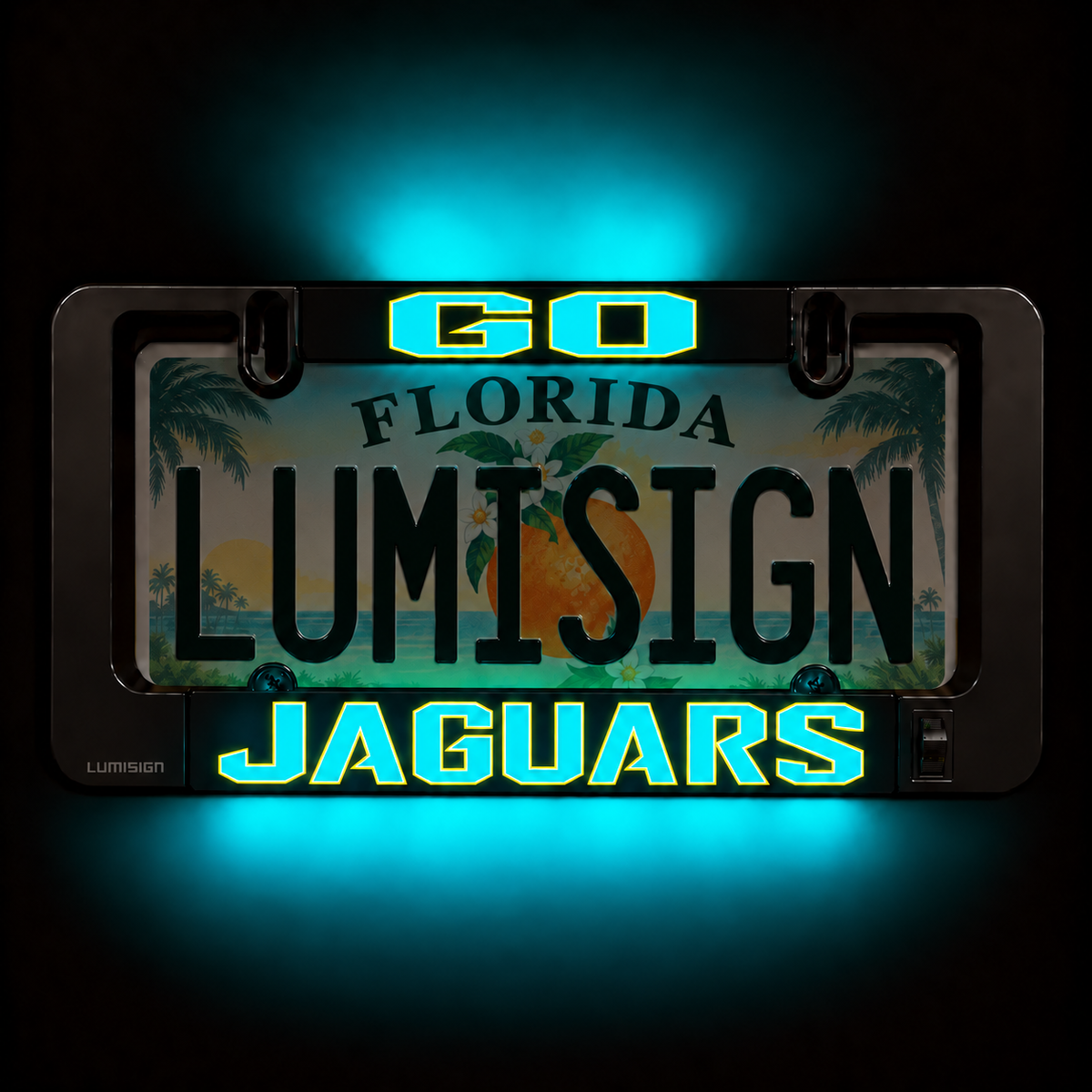 Illuminated license plate frame insert with LUMISIGN JAGUARS and Florida lettering