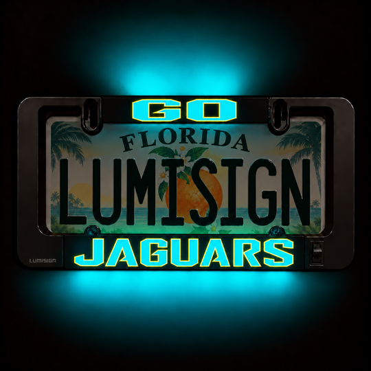 Illuminated license plate frame insert with LUMISIGN JAGUARS and Florida lettering