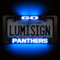 Illuminated LUMISIGN Panthers LED license plate insert design with blue and white lettering