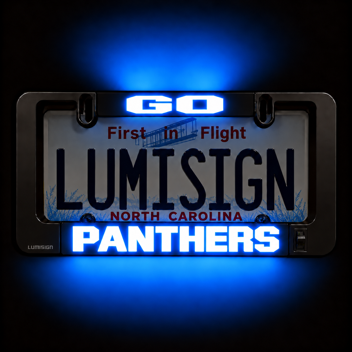 Illuminated LUMISIGN Panthers LED license plate insert design with blue and white lettering